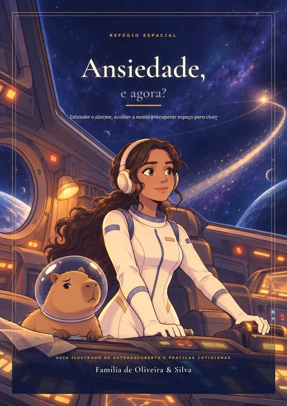 Capa do livro Ansiedade, e agora? — guia ilustrado de autodescoberta, Refúgio Espacial