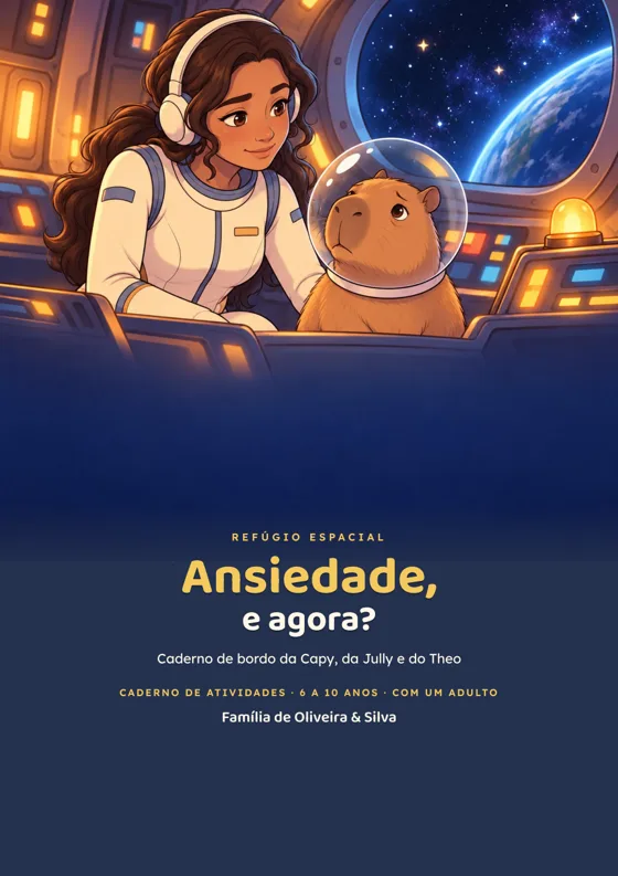 Capa do caderno infantil Ansiedade, e agora? — caderno de bordo da Capy, da Jully e do Theo